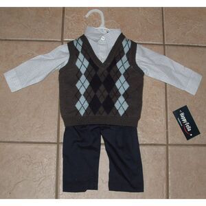 NEW Boy Sz 6-9 Months Pants, Long Sleeve Shirt & Argyle Sweater Vest 3 Pc Outfit